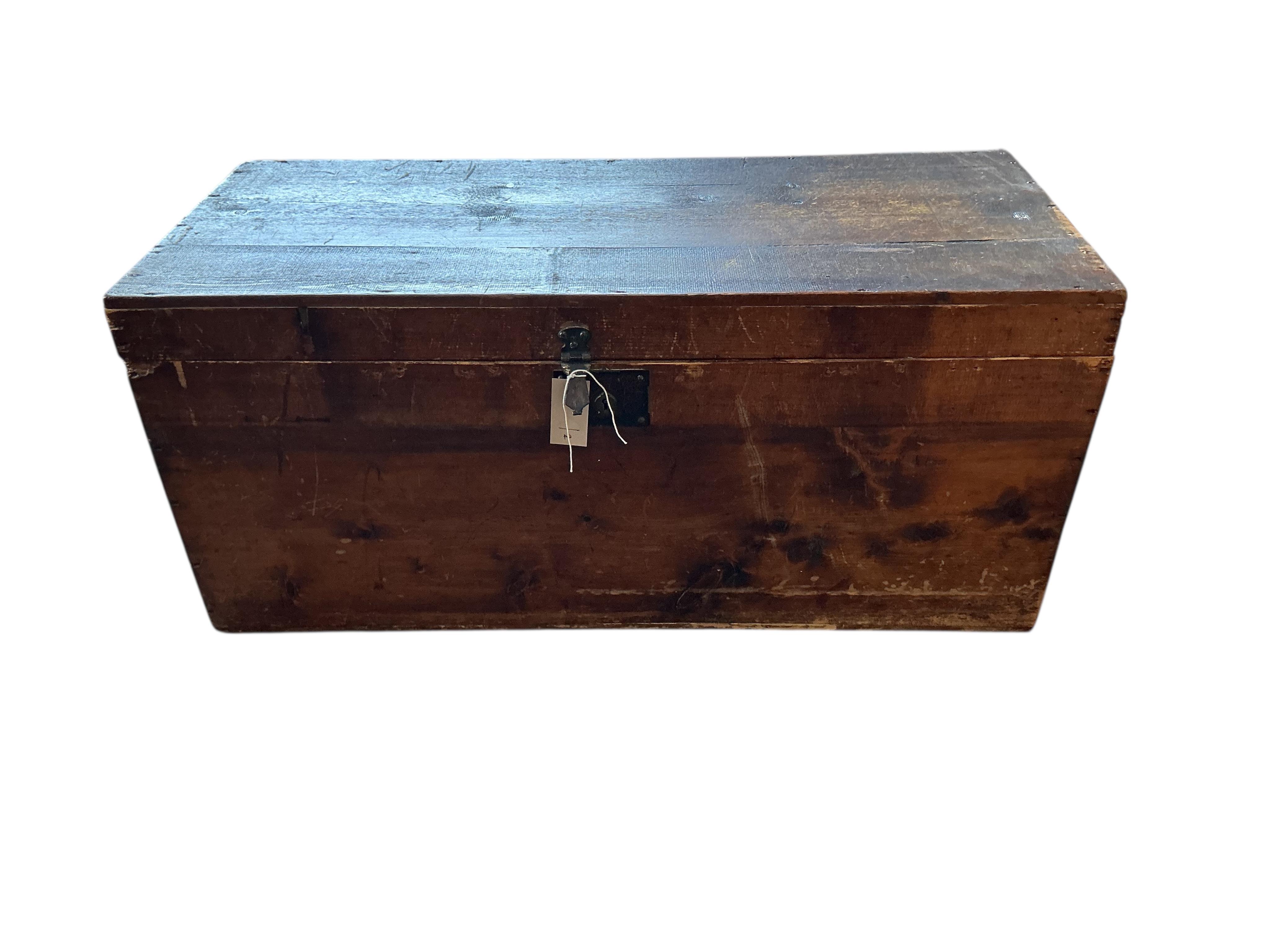 A Victorian rectangular pine trunk, width 91cm, depth 39cm, height 41cm